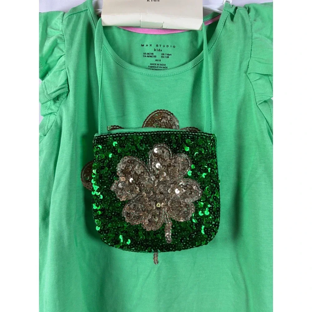 Max Studio Kids Girls Green Sequin Clover Top Leggings Set St‎ Patricks Day 7/8